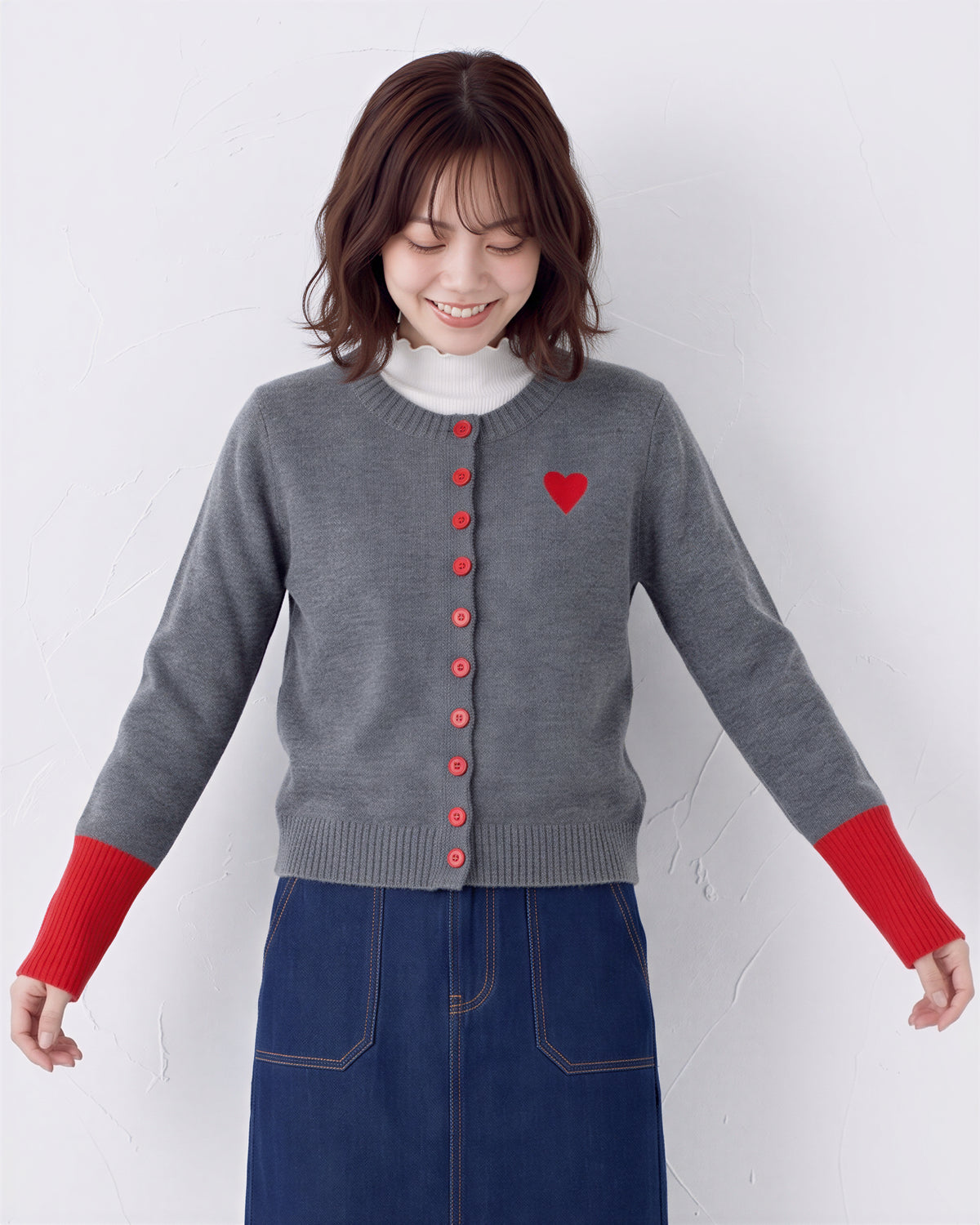 「秋季新品 」撞色羅紋愛心刺繡針織開襟衫