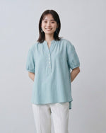 M~2XL 立領半開襟泡泡袖短袖襯衫