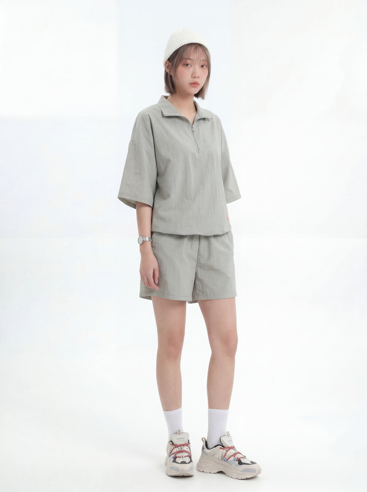 半拉鍊翻領寬鬆POLO衫＋短褲兩件組-淺灰色-3XL