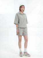 半拉鍊翻領寬鬆POLO衫＋短褲兩件組-淺灰色-3XL