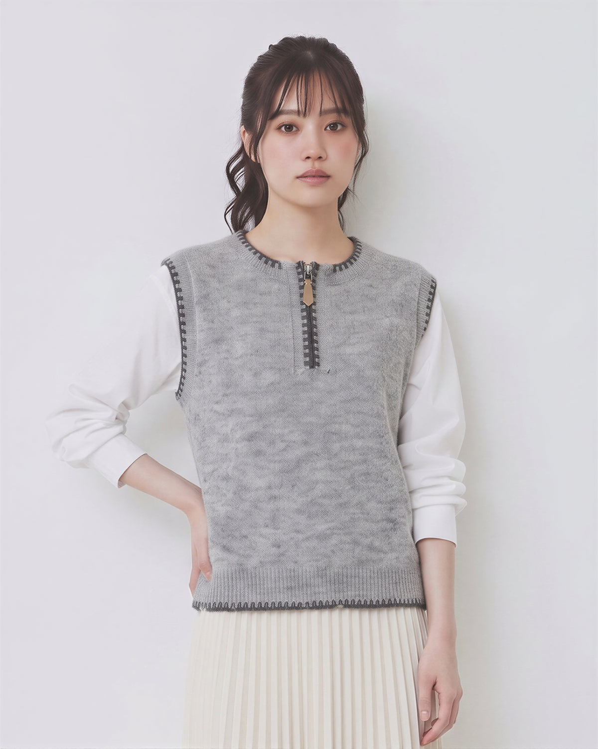 「秋季新品 」S-L 灰色撞色滾邊拉鍊針織拼接襯衫
