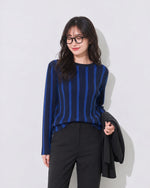 「秋季新品 」S-XL 修身氣質長袖直條紋圓領針織衫