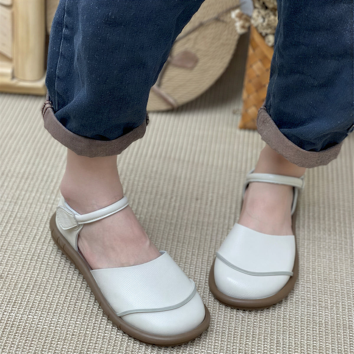 圓頭拼接 復古簡約 女式包頭涼鞋-白色-40