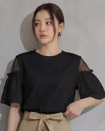 露肩拼接荷葉袖寬鬆短袖T恤-黑色-2XL