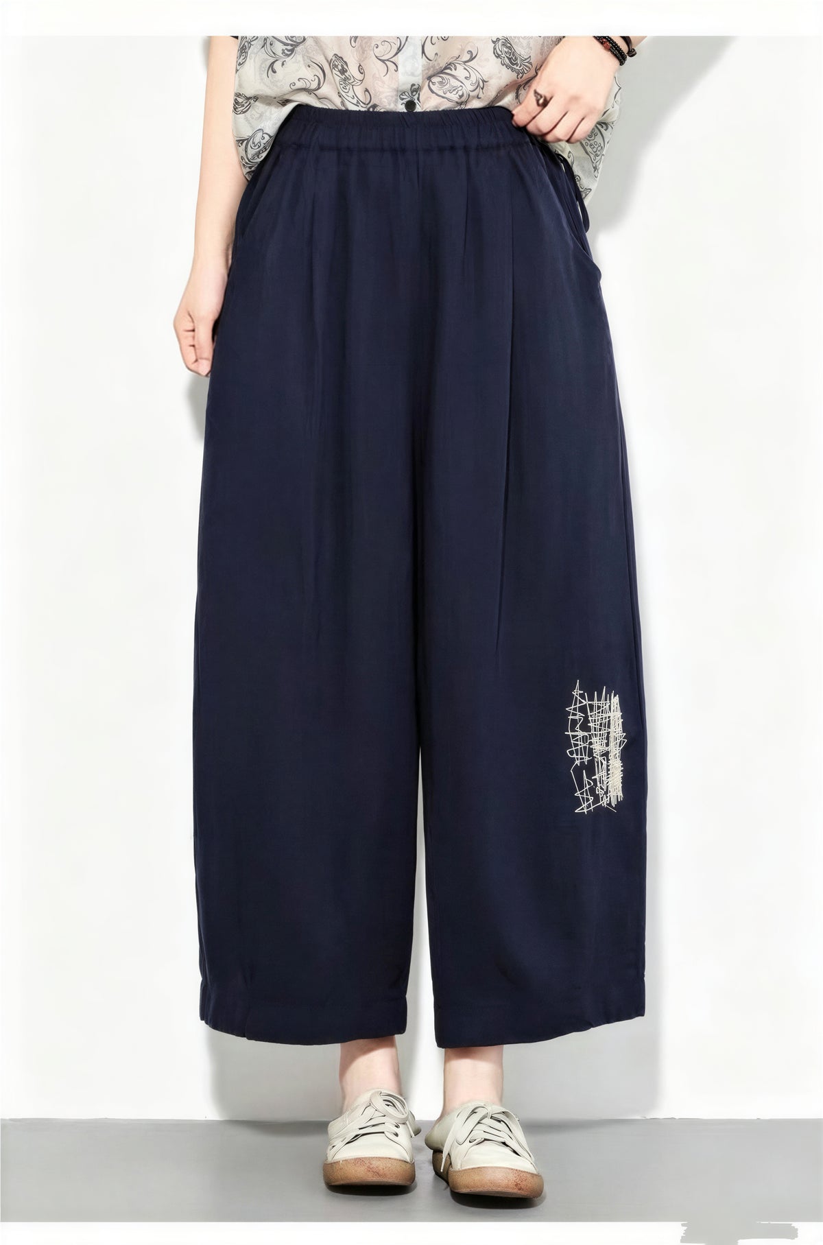 「兩色」M-2XL 亞麻鬆緊高腰刺繡寬褲
