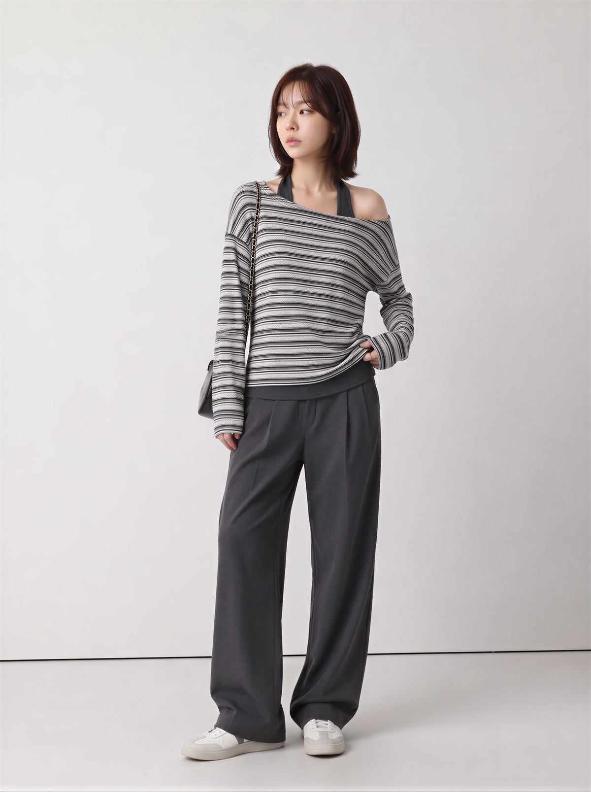 「兩色」S-XL 斜肩露膚條紋假兩件T恤