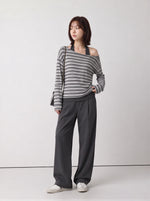 「兩色」S-XL 斜肩露膚條紋假兩件T恤