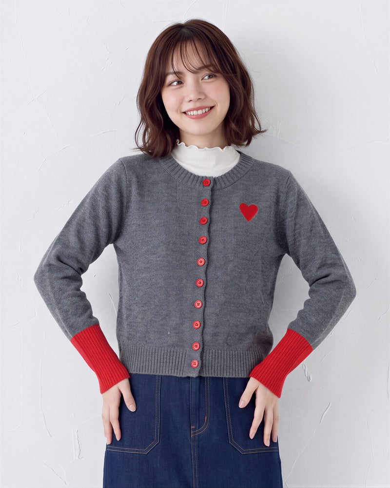 「秋季新品 」撞色羅紋愛心刺繡針織開襟衫