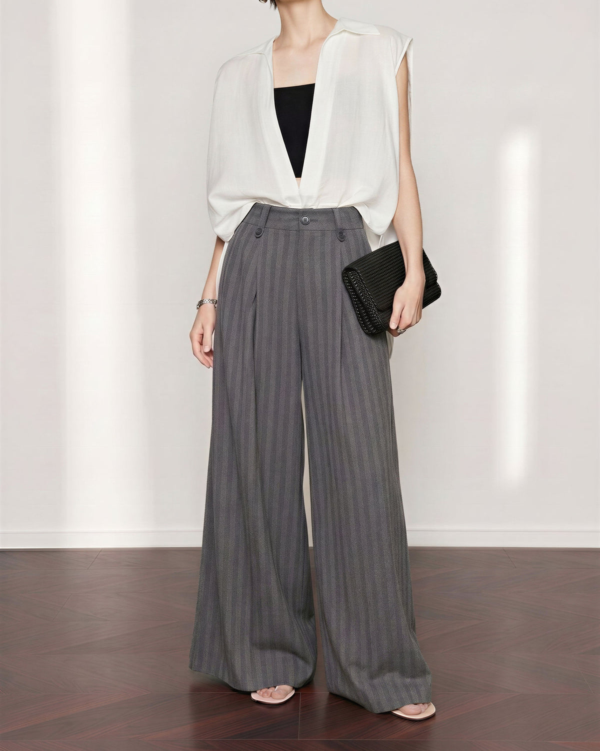 「秋季新品 」「2色」S-L 高腰打褶寬褲