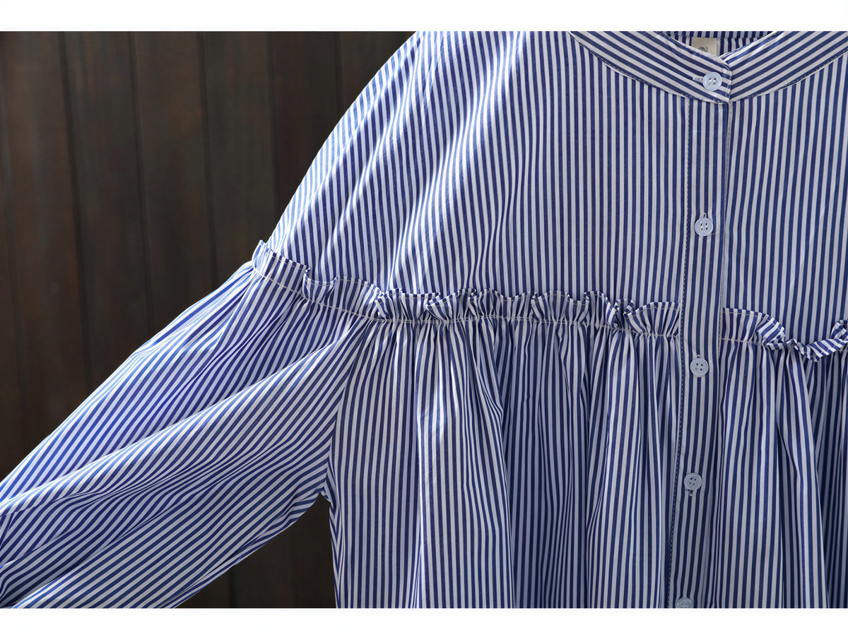 「秋季新品 」M-2XL 藍色 精選優質全棉 | 荷葉邊抓皺寬鬆襯衫