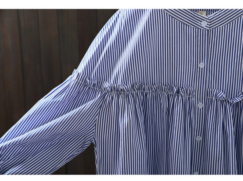 「秋季新品 」M-2XL 藍色 精選優質全棉 | 荷葉邊抓皺寬鬆襯衫