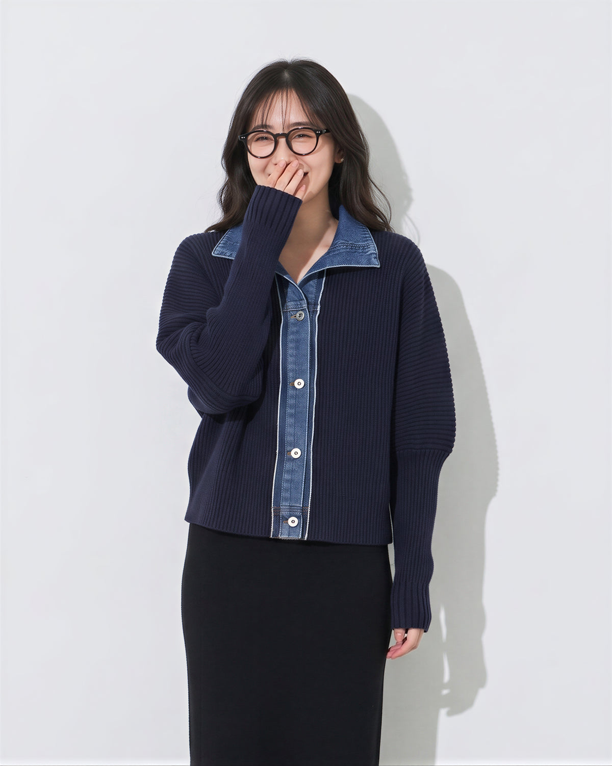 「秋季新品 」 S-2XL 牛仔拼接立領假兩件針織外套
