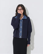 「秋季新品 」 S-2XL 牛仔拼接立領假兩件針織外套