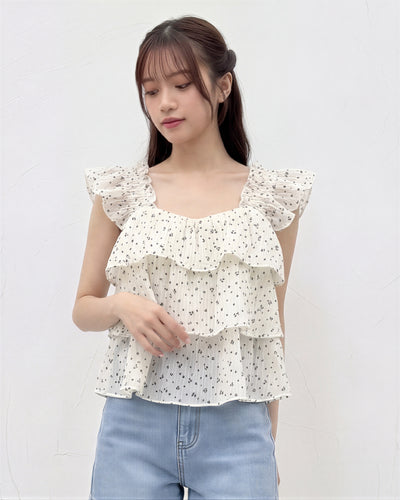 荷葉飛袖 方領叠層襯衫-白色-L