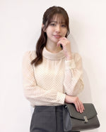 S-XL 米色波點木耳邊立領長袖襯衫