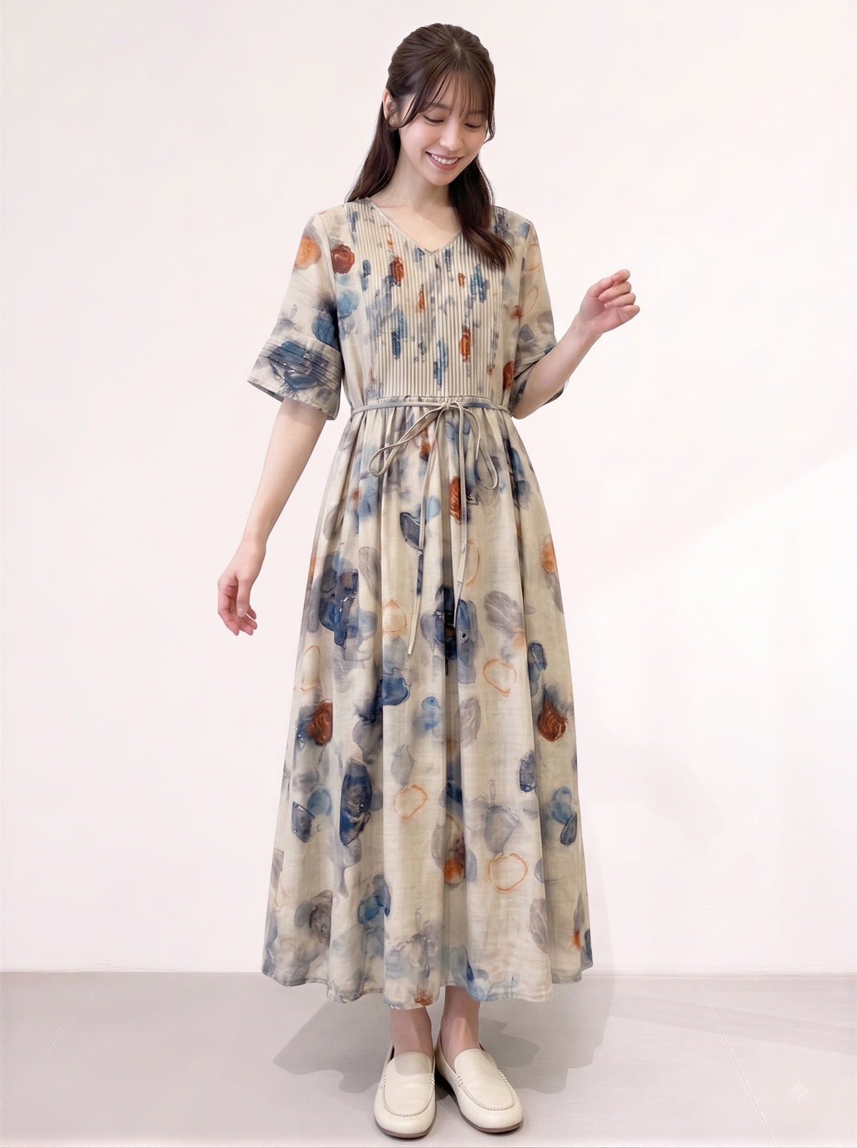 M-2XL 淺米色V領綁帶印花長洋裝