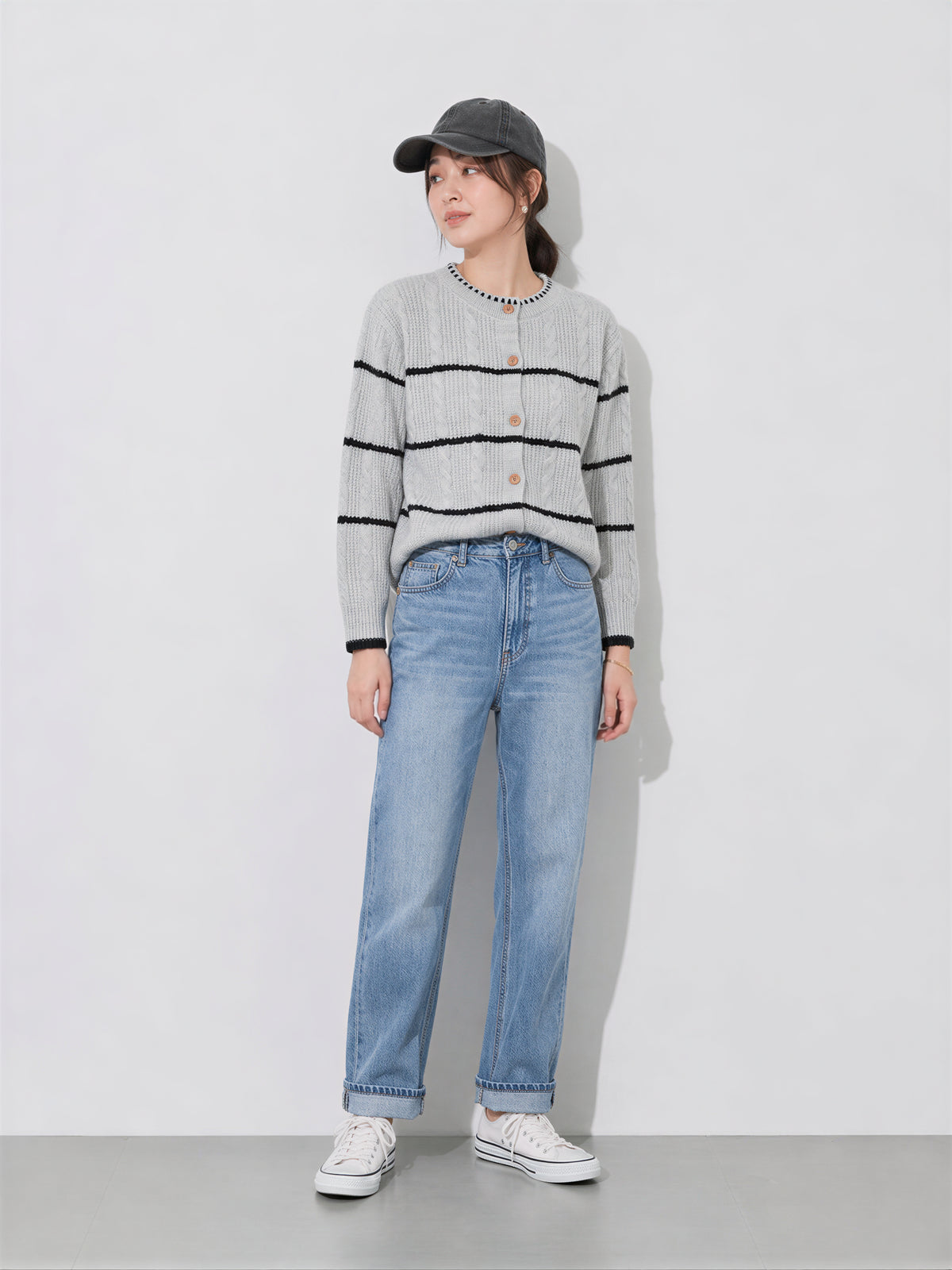 S~XL 灰色圓領條紋針織開襟衫