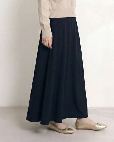 高腰順褶垂墜長款大擺喇叭長裙-炭黑色-L