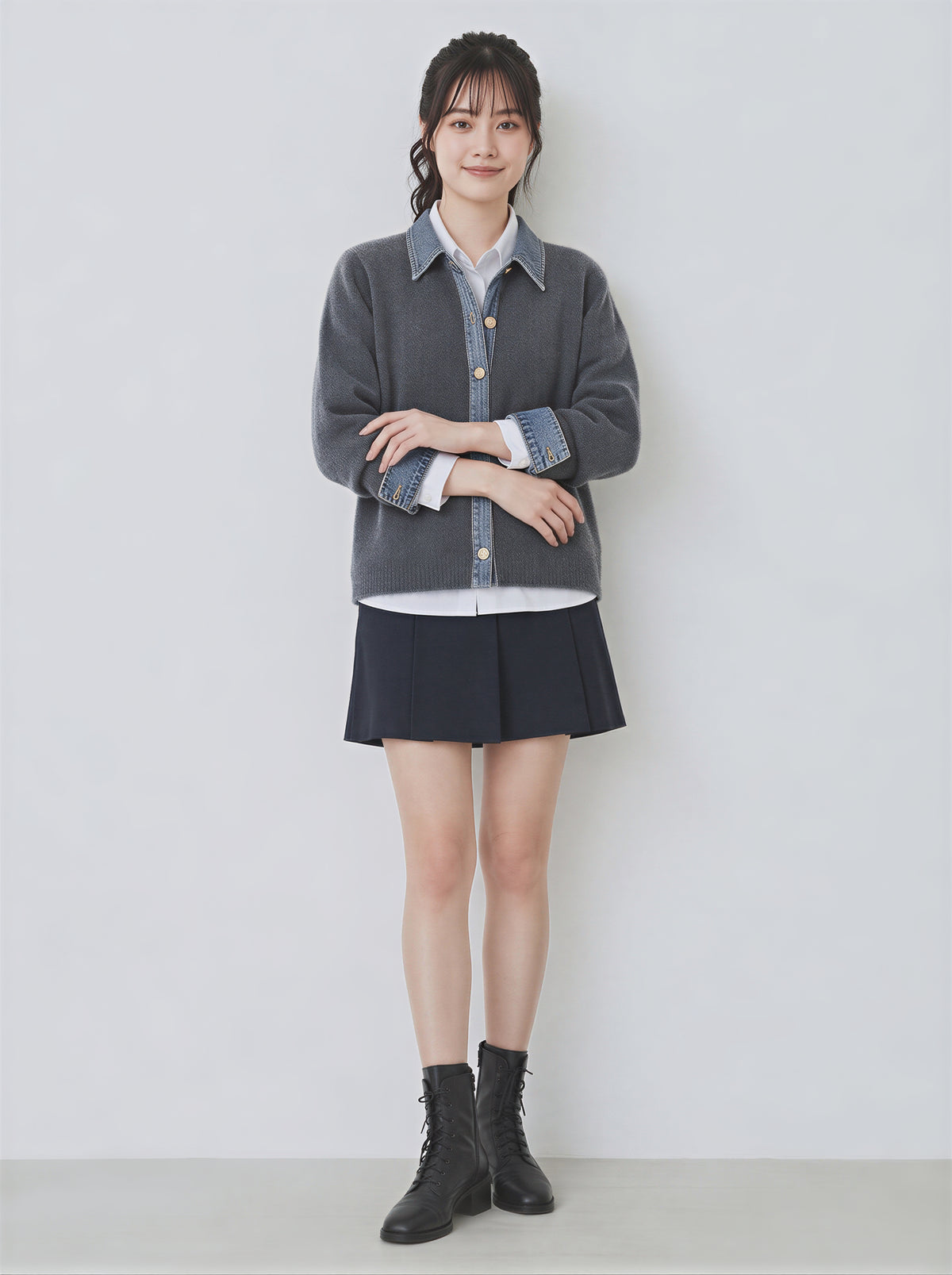 「3色」「秋季新品 」M-XL 拼接翻領短版針織開襟衫