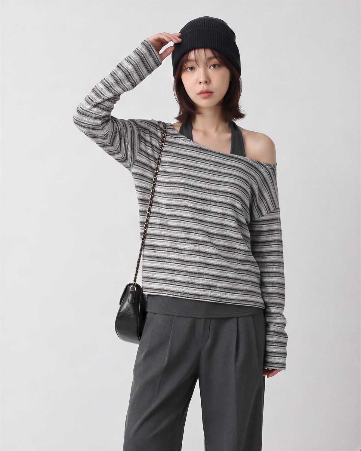 「兩色」S-XL 斜肩露膚條紋假兩件T恤