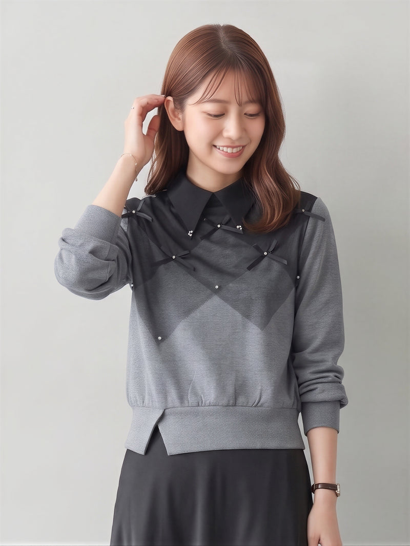 「秋季新品 」S-XL 菱格拼接飄帶翻領衛衣