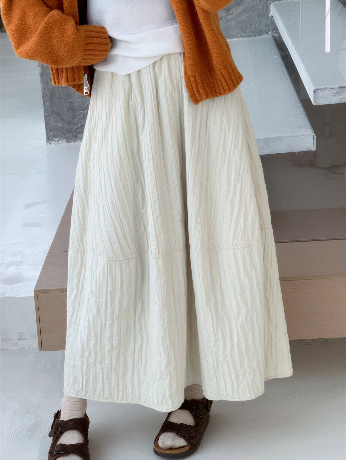 「兩色」「秋季新品 」M-XL 抓皺蓬感高腰半身裙