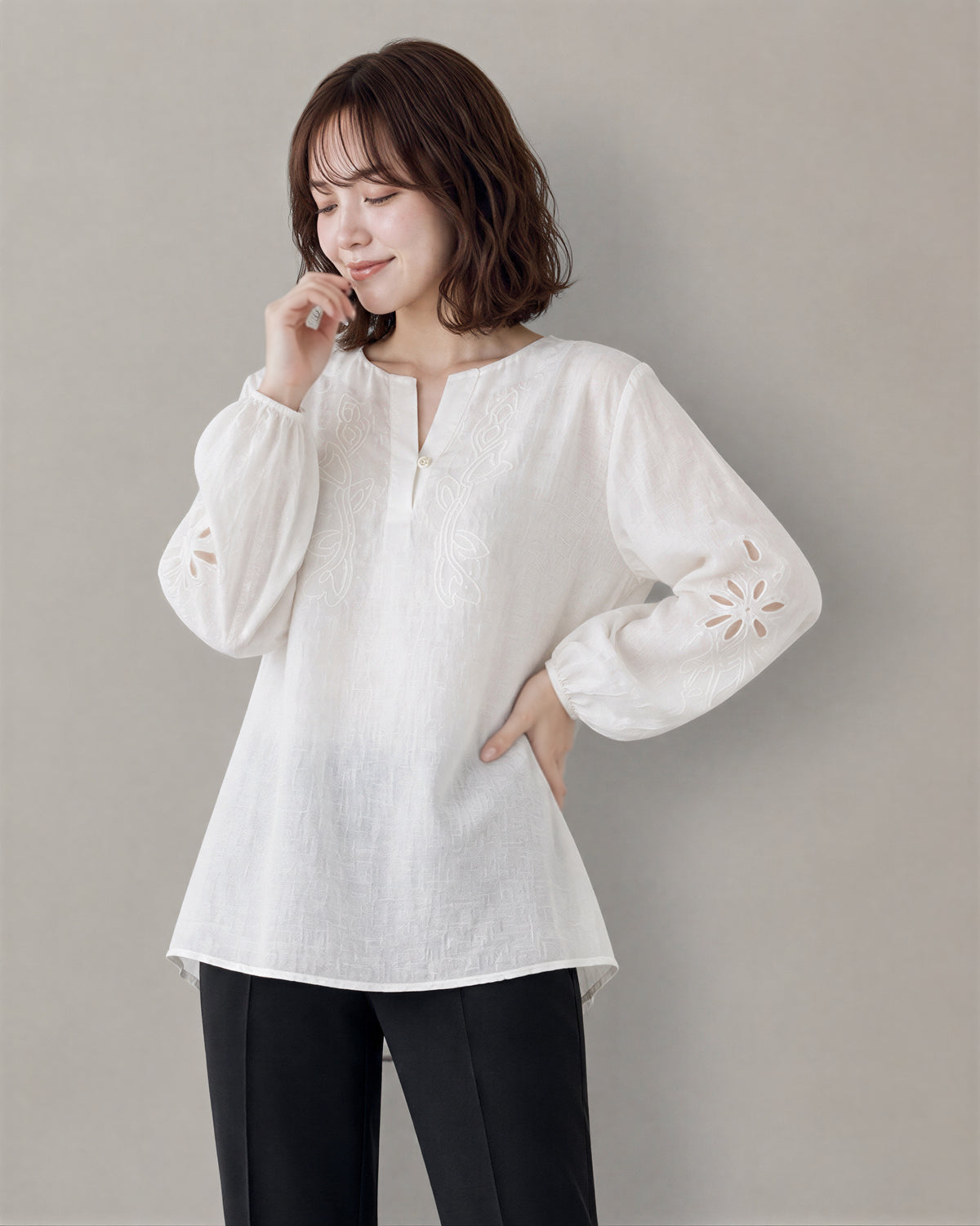「秋季新品 」白色鏤空刺繡 | 燈籠袖襯衫