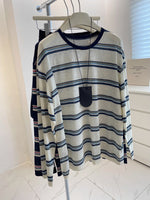 S-XL 灰米色條紋圓領寬鬆長袖T恤