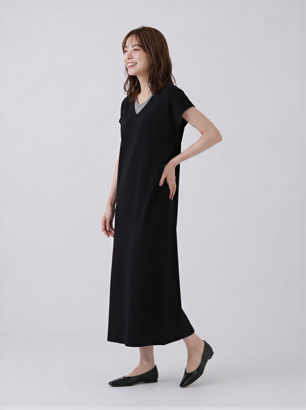 M-2XL 層疊V領直筒長版洋裝