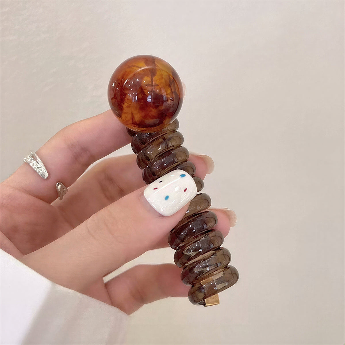 醋酸感圓珠 纏繞造型 電話線髮圈-棕色-均碼