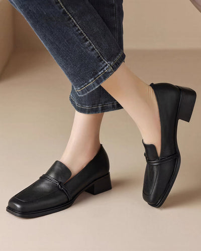 方頭粗跟 簡約飾帶 樂福鞋-黑色 [方頭]-40