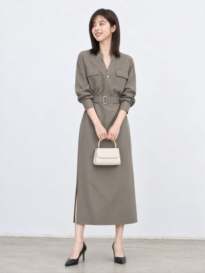 「秋季新品 」S-XL 收腰繫帶立領襯衫洋裝