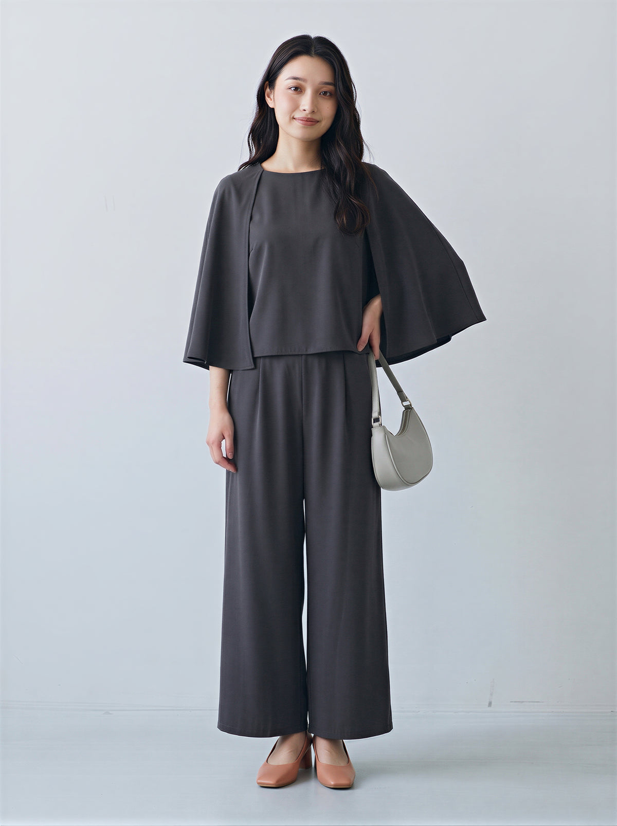斗篷袖寬褲長褲兩件套-灰色-2XL