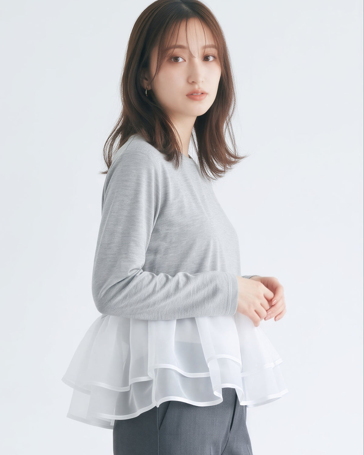 「秋季新品 」「3色」M-L 網紗拼接荷葉下擺假兩件長袖T恤