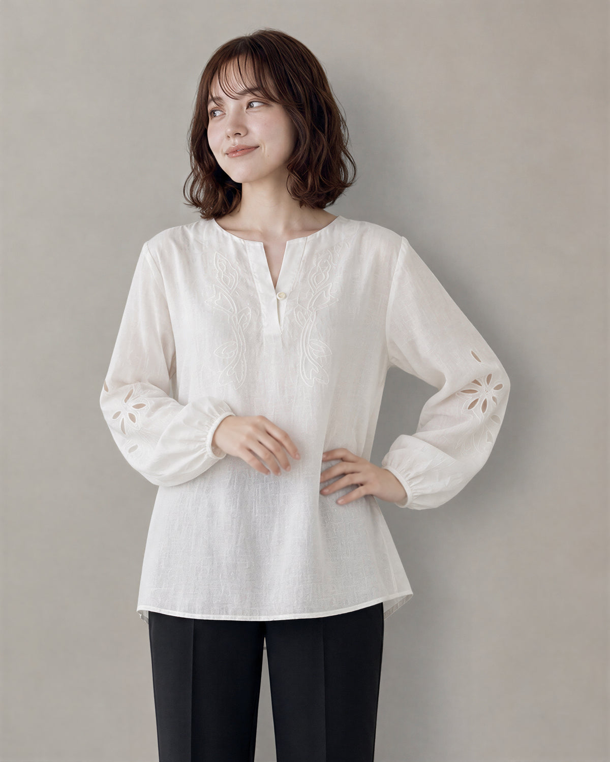 「秋季新品 」白色鏤空刺繡 | 燈籠袖襯衫