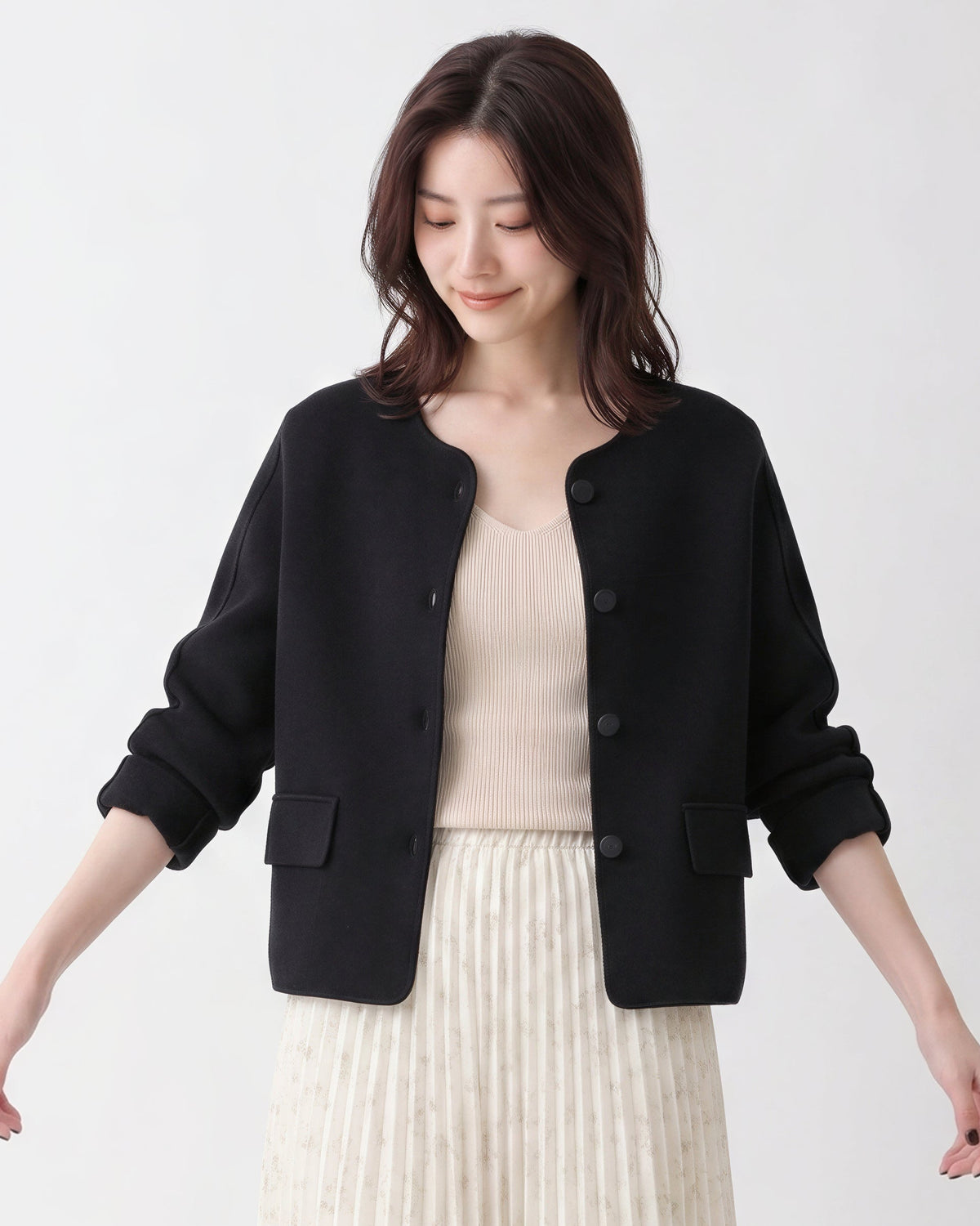 撞色滾邊圓領短版開襟衫-黑色-2XL