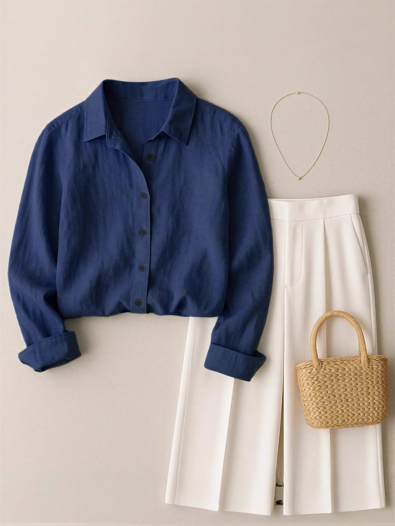 簡約翻領寬鬆襯衫-深藍色-2XL