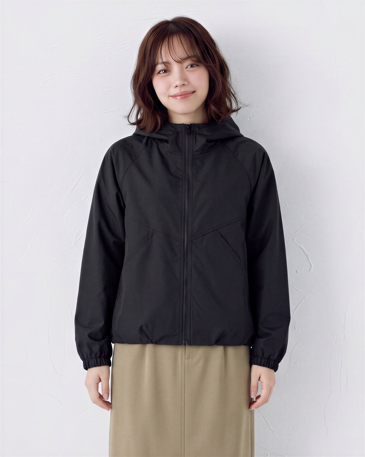 短版拼接線條拉鍊連帽夾克-黑色-2XL