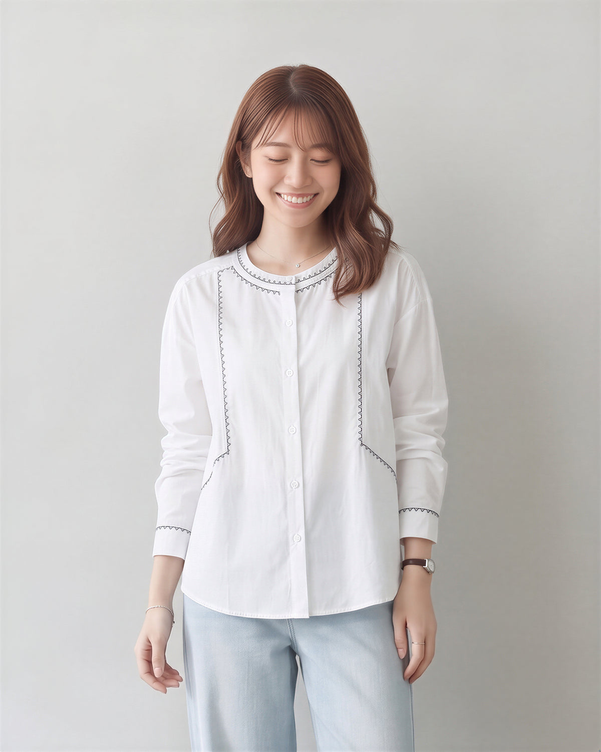 「秋季新品 」棉 100% 復古刺繡花線長袖襯衫 撞色線跡圓領襯衫