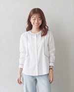 「秋季新品 」棉 100% 復古刺繡花線長袖襯衫 撞色線跡圓領襯衫