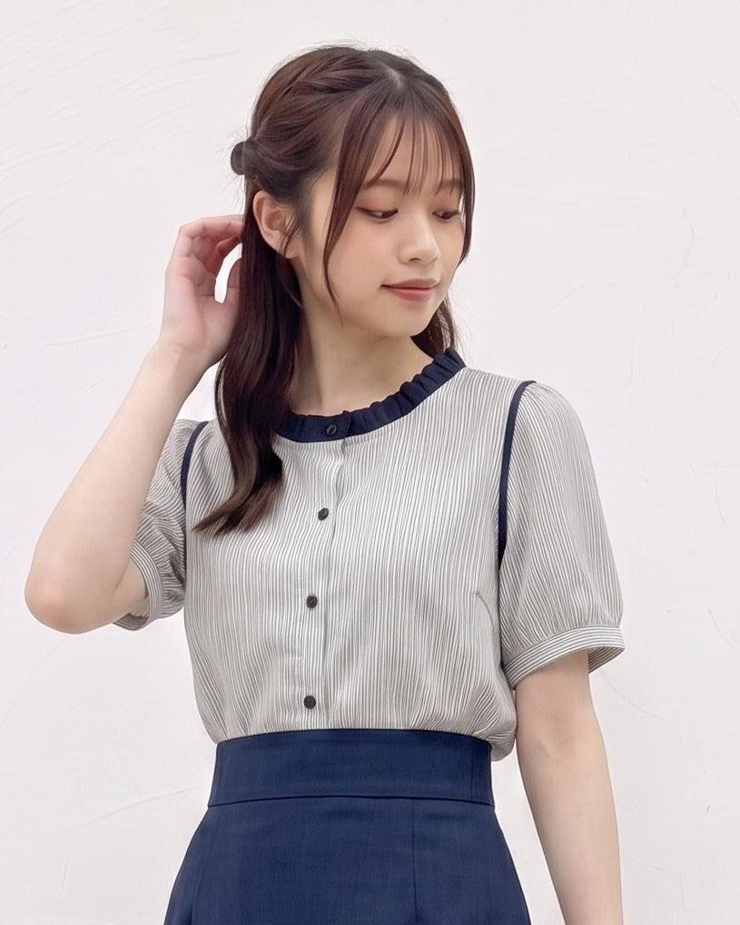 撞色滾邊木耳領短袖襯衫