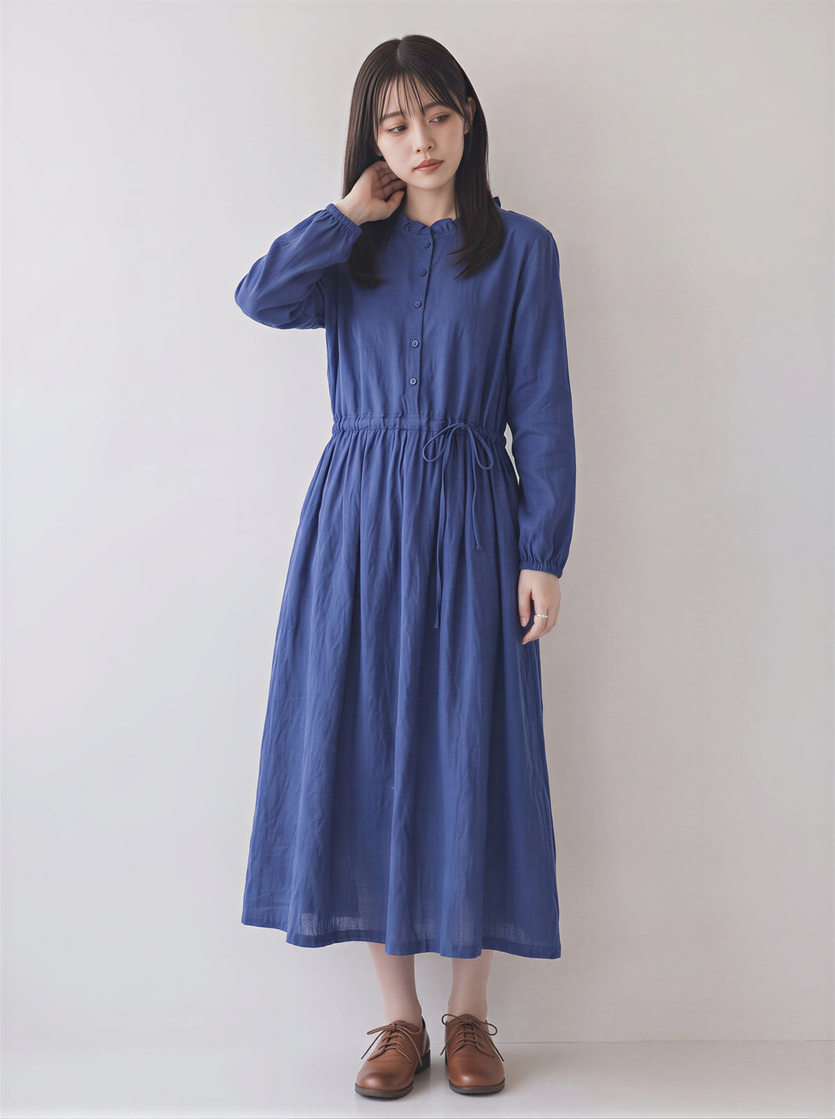 「秋季新品 」M-2XL木耳邊立領收腰棉麻洋裝