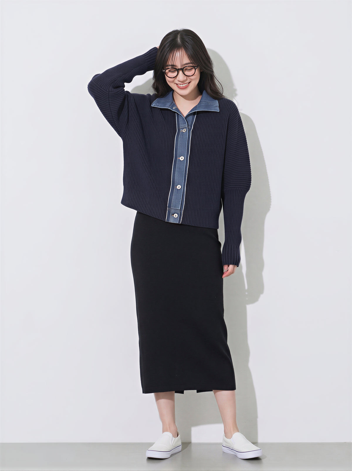 「秋季新品 」 S-2XL 牛仔拼接立領假兩件針織外套