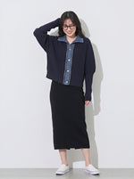 「秋季新品 」 S-2XL 牛仔拼接立領假兩件針織外套