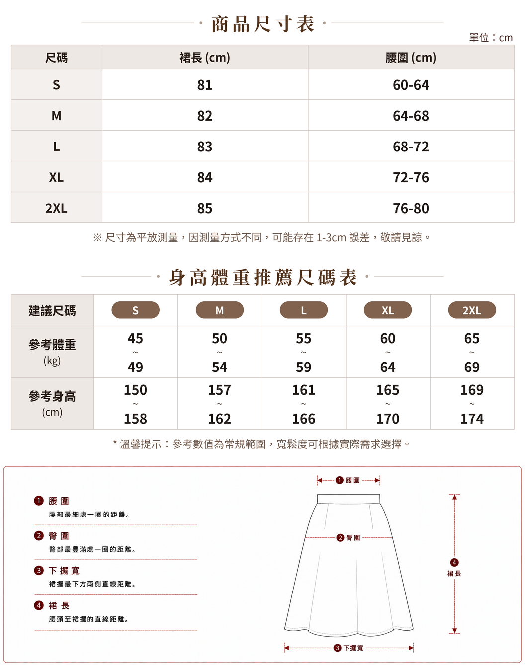 「多色」S-2XL 立體拼線蓬感半身裙 size chart 1