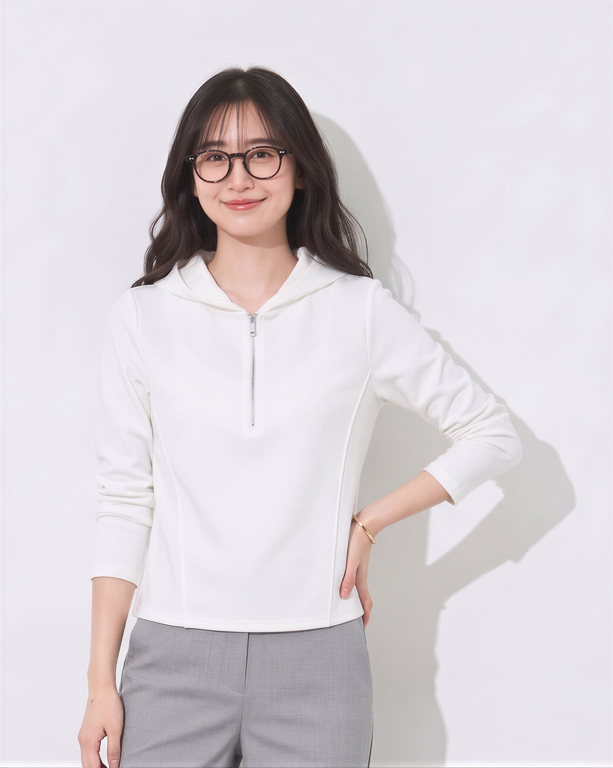 半拉鍊連帽修身衛衣-白色-3XL