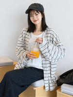 寬鬆條紋落肩開襟衫-白色-XL