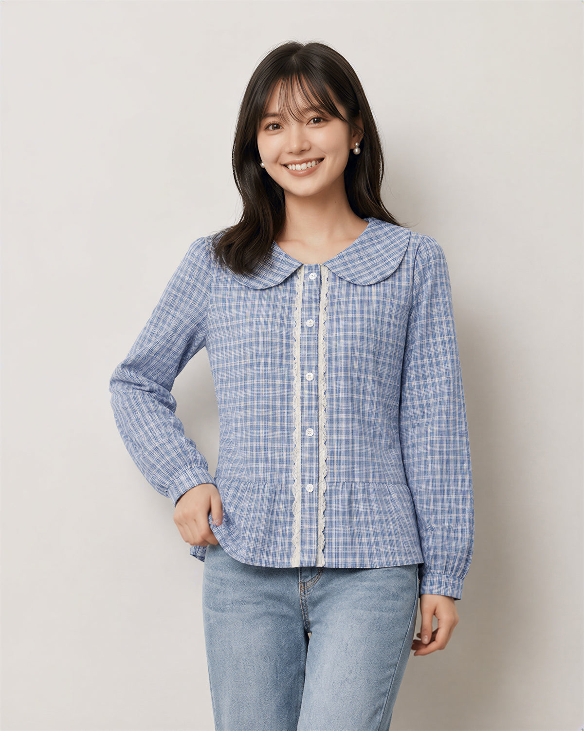 S-XL 淺藍色格紋 | 娃娃領收腰襯衫