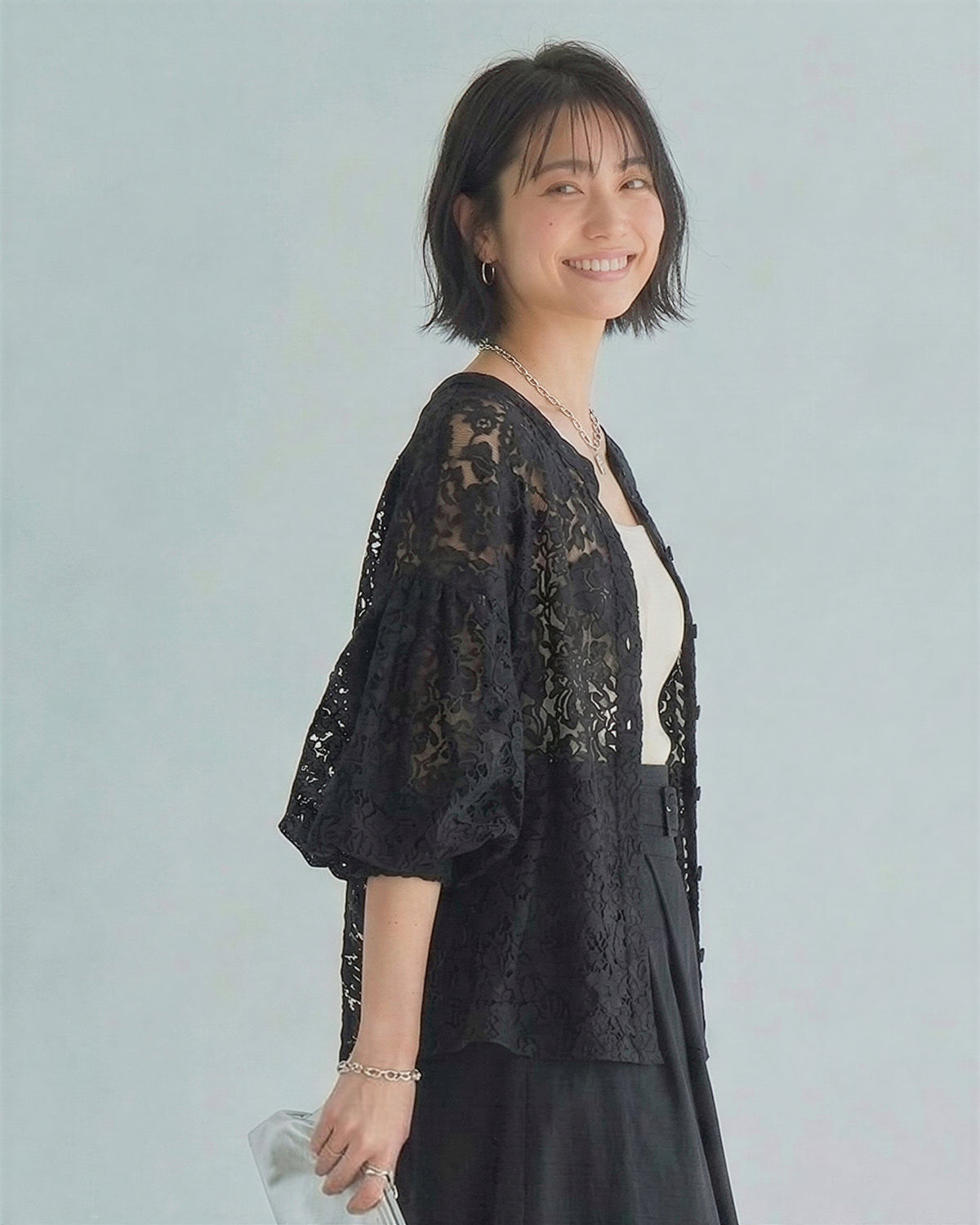 立體蕾絲 透膚燈籠袖 開襟針織外套