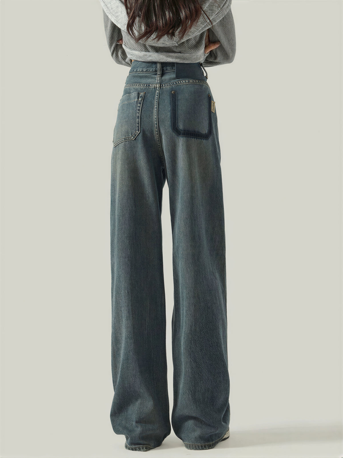 「兩色」「秋季新品 」 XS-2XL 高腰寬褲管刷舊牛仔褲